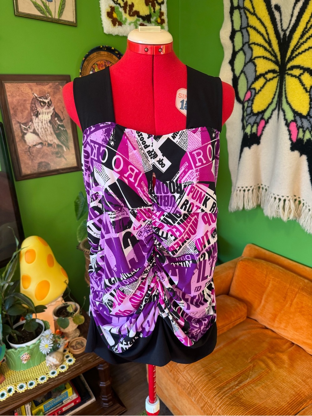 MXM Purple Graphic Ruched Tank Top with Black Shoulder Panels